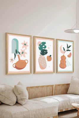 3 Parça Ahşap Çerçeve Görünümlü Mukavva Poster Tablo Seti - Set 125