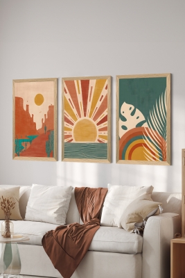 3 Parça Ahşap Çerçeve Görünümlü Mukavva Poster Tablo Seti - Set 13