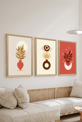 3 Parça Ahşap Çerçeve Görünümlü Mukavva Poster Tablo Seti - Set 98