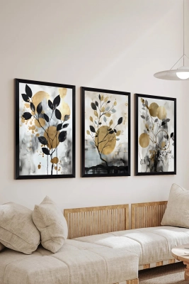 3 Parça Siyah Çerçeve Görünümlü MDF Poster Tablo Seti - Set 27
