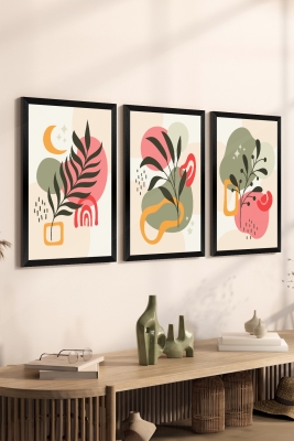 3 Parça Siyah Çerçeve Görünümlü Mdf Tablo Seti - Set 19