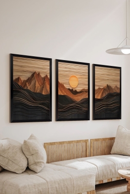 3 Parça Siyah Çerçeve Görünümlü Mdf Poster Tablo Seti - Set 31